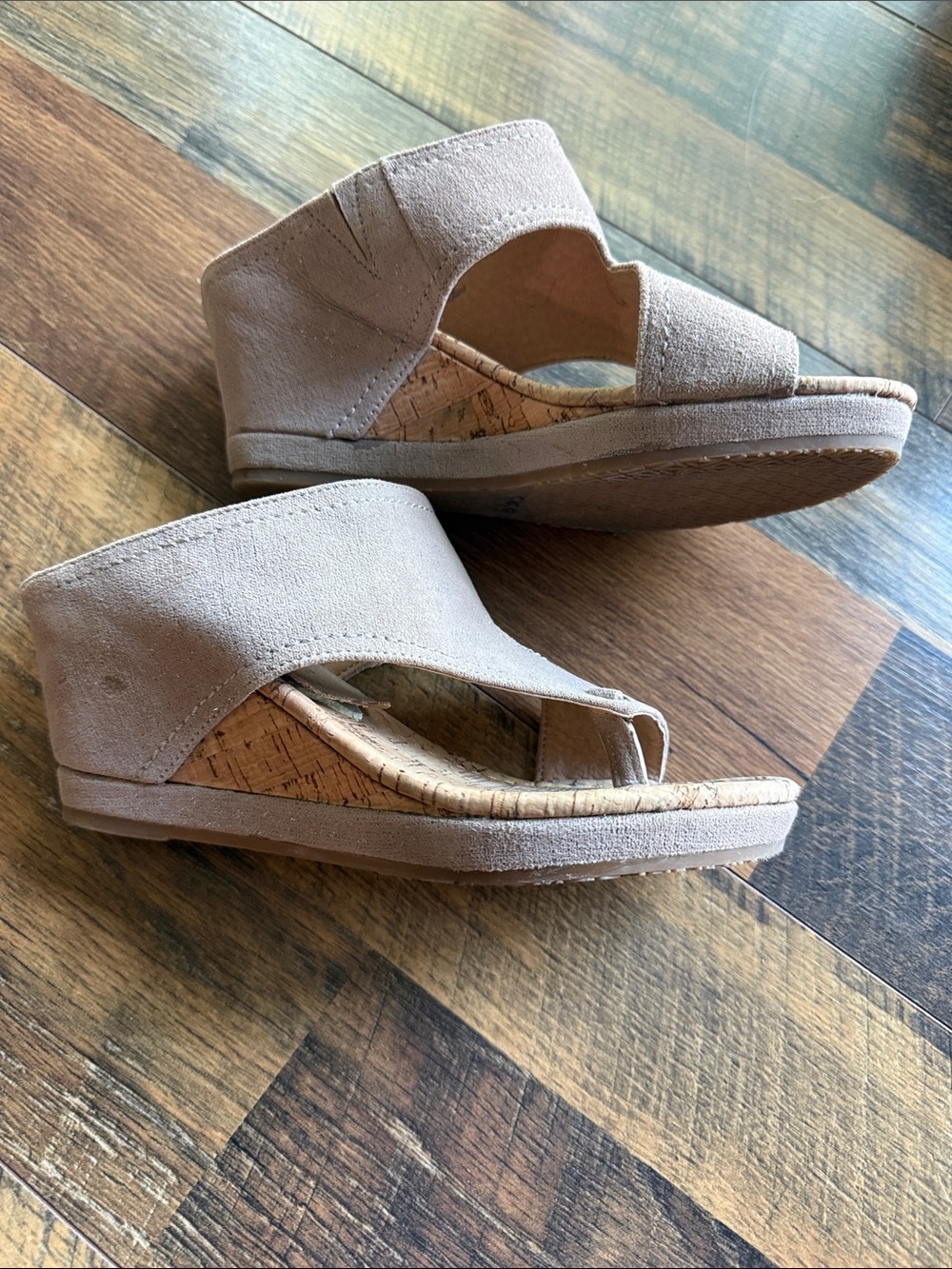 Donald J. Pliner Taupe Suede Cork Wedge Sandals - Picture 2 of 5